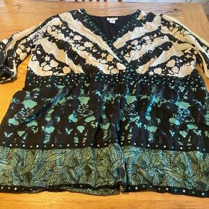Ulla Popken Abstract Faux Wrap Cotton Jeweled Short Sleeve Top Women’s Preloved
